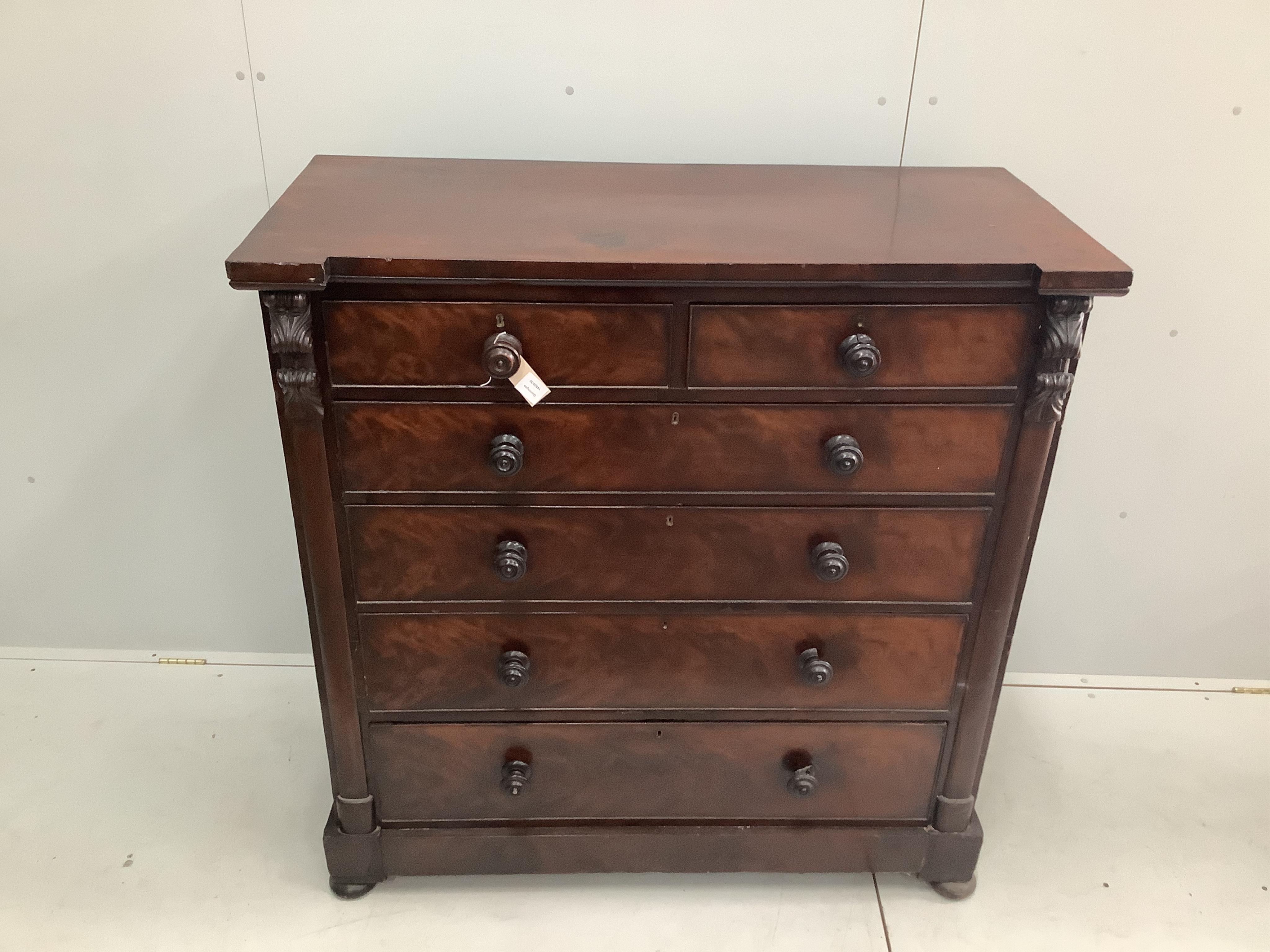 An early Victorian Scottish mahogany chest of drawers, width 121cm, depth 56cm, height 125cm. Condition - fair
